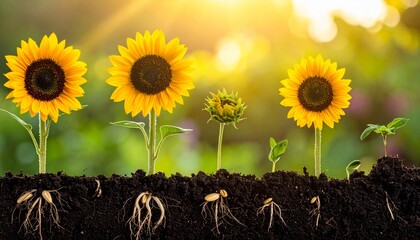 Bunga matahari tumbuh di tanah dengan akar yang terlihat saat matahari terbit.