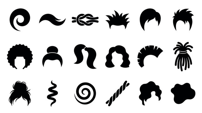 Set of black hairstyle silhouette icons featuring various cuts for men and women, including afro, mohawk, dreadlocks, bun, wavy, and curly hair types in a graphic collection