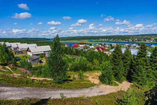 Village and river Varzuga Kola peninsula. Murmansk region