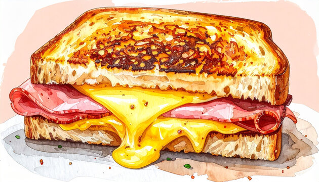 Hand-drawn watercolor illustration of croque monsieur sandwich, hot grilled ham and cheese, crispy