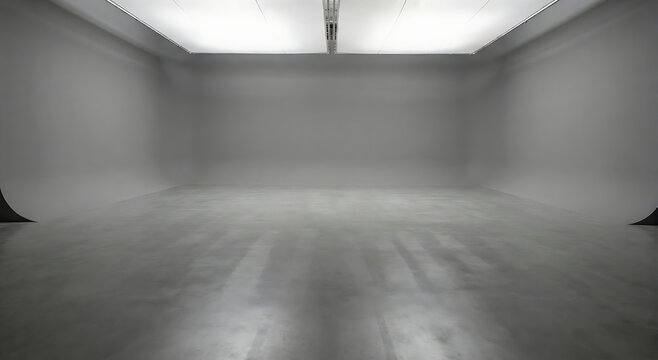Large Empty White Photo Studio with Cyclorama Wall and Overhead Softbox Lights