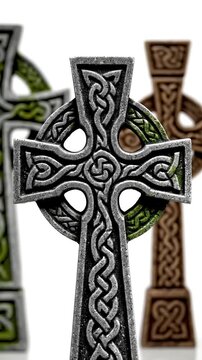 Close Up Celtic Cross Stone Sculpture with Intricate Knots and Green Moss Details