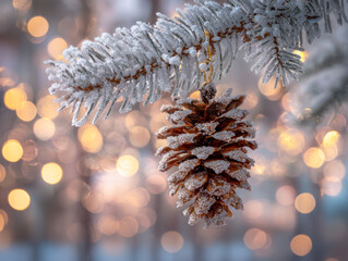 Close-up of a frosted pine cone hanging from a snow-covered evergreen branch with warm bokeh lights creating a festive winter holiday atmosphere