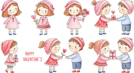 Fototapeta premium A collection of cute watercolor illustrations depicting children celebrating Valentine's Day, exchanging gifts, flowers, and hearts on a white background.