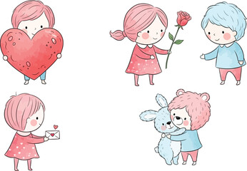 A collection of cute watercolor illustrations depicting children and animal characters expressing love and affection for Valentine's Day
