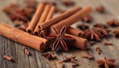 Cinnamon sticks and star anise display beautifully arranged on a rustic wooden table for a warm and aromatic cooking atmosphere