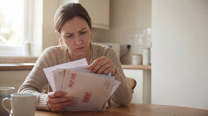 Stressed woman reviews overdue bills. Overdue bills and notices stack on kitchen table, past due stamp adds worry, bills planning for tax season, debt relief and budgeting concept, home finance stress