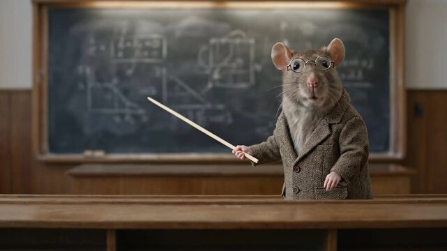 Cute rat teacher wearing glasses and tweed jacket giving a lesson with a pointer in a classroom setting footage