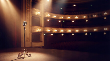 Vintage microphone on theater stage spotlight, microphone ready for awards night or new year gala, dramatic microphone concept with warm bokeh lights, empty auditorium background, copy space