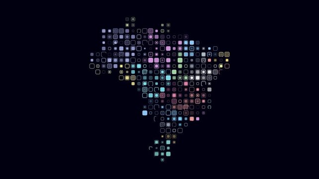 Brazil map animation. Shape of the country with pulsating colored dots. Large size rounded square blocks. Digital style Brazil map on dark background. Awesome video.