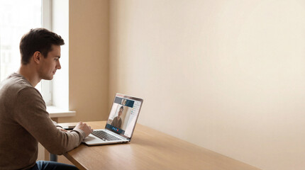 Man joins video call on laptop. Bright home office setup with warm daylight, copy space, video call for remote work, video call for online learning, back to school campaign, minimal interior