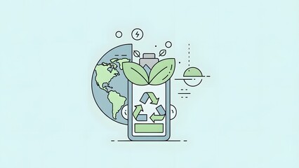 Green energy and battery recycling concept illustration. Sustainable planet and renewable power. Drawing of a phone battery with recycling symbol and green leaves next to the earth