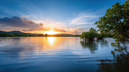Obraz premium Golden Reflections in Wetland Mangroves at Sunset over Calm Waters in a Serene Landscape with Beautiful Sky and Nature Elements