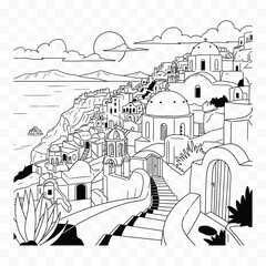 Fototapeta premium Black and white line drawing of a Greek island village with white buildings and blue domes on a cliff overlooking the sea