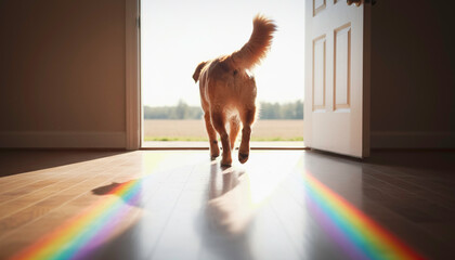 Dog walking into sunlight through open door symbolising goodbye and the Rainbow Bridge, pet loss