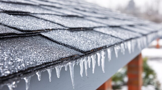 up of asphalt shingles with small icicles hanging from the gutter edge, demonstrating extreme cold weather and snow endurance. Sharp focus on the frost crystals on the shingle surface. Copy 