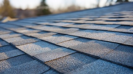 stock photo showing asphalt roofing sheets under natural daylight, capturing fine grain texture and layered construction that protects homes from harsh environmental conditions such as UV exposure, 