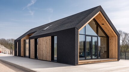 image concept of a modern house roof finished with prefabricated asphalt sheets, highlighting uniform installation and strong protective qualities suitable for marketing construction materials 