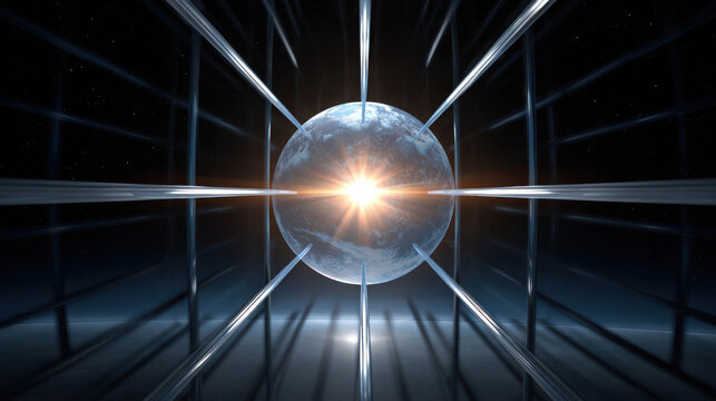 Radiant Sphere of Light Trapped Within a Cage of Metallic Bars Against a Cosmic Background