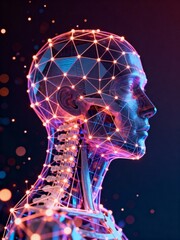 A digital image of a person in profile, consisting of glowing lines and dots that form a skeletal structure. Complex geometric patterns and connections are visible throughout its shape.