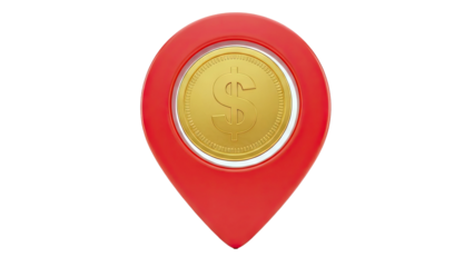 Red map marker with golden dollar coin