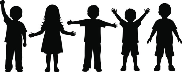 Obraz premium Happy children silhouette group with raised arms and open poses, playful kids standing together, black vector illustration isolated on white background