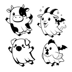 Whimsical ghost farm animals vector illustration for Halloween greeting cards © MdAmzad