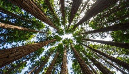 Looking Up Through Tall Redwood Trees Towards a Bright Sky on a Sunny Day
