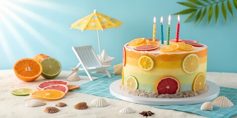 Summer birthday setup, vibrant cake with citrus accents, bright sunlight, fresh colors, cheerful mood, minimal summer props