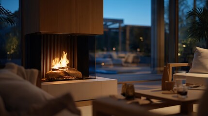 Naklejka premium Stylish modern fireplace glowing softly in an open living area, understated decor highlighting warmth, clarity, and contemporary domestic comfort. cinematic color correction, natural uneven