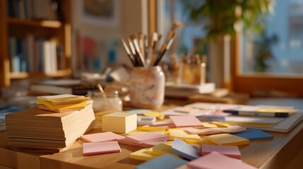 An artist's workspace is transformed with scattered sticky notes in various colors, serving as reminders and ideas, alongside paint supplies and sketches, highlighting a creative process in action.