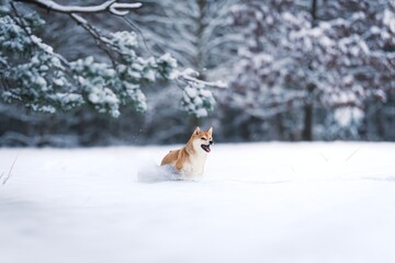 A female Shiba-Inu frolicking in the snow