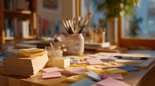 An artist's workspace is transformed with scattered sticky notes in various colors, serving as reminders and ideas, alongside paint supplies and sketches, highlighting a creative process in action. - Powered by Adobe