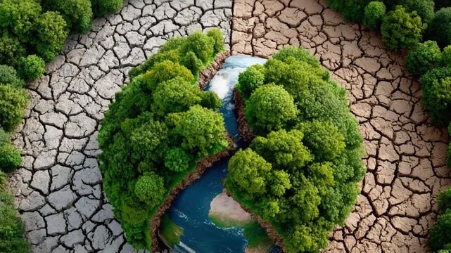 Global Dichotomy: A striking image that underscores the delicate balance between environmental health and ecological devastation. The visual depicts a split view of a vibrant.