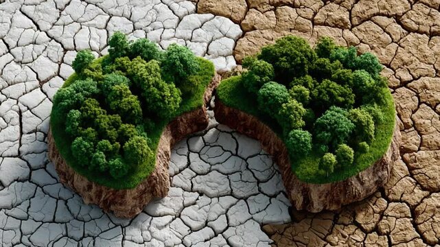 A World Divided: A stark depiction of environmental contrast, showcasing a thriving patch of green land against a cracked, barren landscape, symbolizing climate change's impact.