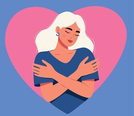 Vector illustration of a cute woman hugging herself with her eyes closed, radiating peace, self-love against a heart. Warmth, self-care, emotional well-being for psychology content, mental health