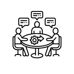 Business team discussing strategy with gear and speech bubbles