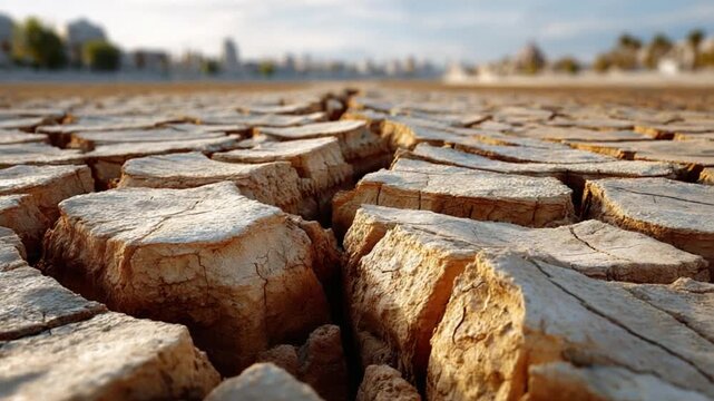 Arid Land Texture: The image vividly captures the harshness of a dried landscape, with the parched earth split by deep cracks, illustrating the stark realities of drought and climate change.