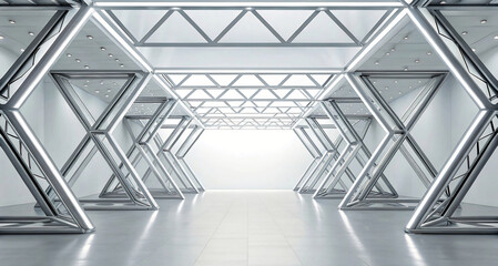 Obraz premium Futuristic Empty Corridor with Modern Geometric Metal Structure