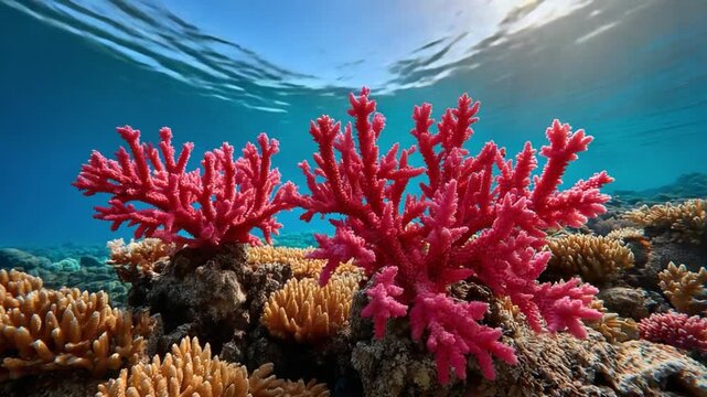 Underwater Coral's Vivid Life: A vibrant tableau of underwater life, showcasing a stunning coral reef with intricate structures and rich colors beneath the tranquil sea surface.