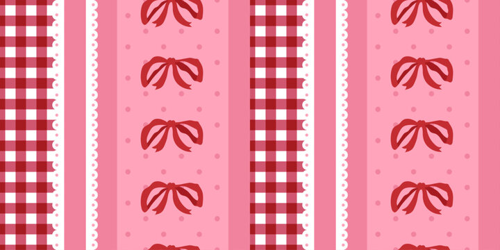 Valentine&rsquo;s Day seamless ribbon pattern with red bows, lace borders and gingham stripes in pink and red. Romantic background for wrapping paper, cards, textiles, packaging and stationery for february.