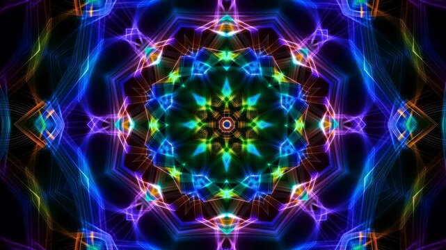 Colorful kaleidoscopic patterns with vibrant lights and intricate designs. Ideal for visual art, music videos, and creative projects