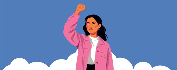 Vector banner of a determined, confident woman raising her fist against backdrop sky. Strength, empowerment, activism, feminism. For social campaigns, Women's Day, March 8, social media