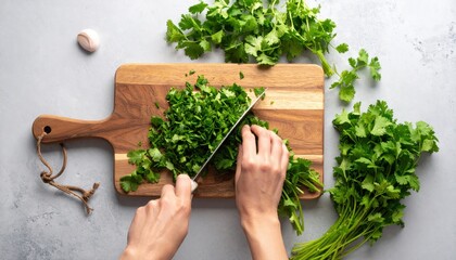 Hands Chopping Fresh Green Cilantro Herbs On A Wooden Cutting Board With A Knife On A Light Gray Countertop Overhead View