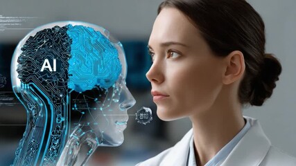 The Future of Intelligence: A woman in lab coat looks contemplatively at the artificial intelligence, exploring the synergy of human intellect and advanced technology. - Powered by Adobe