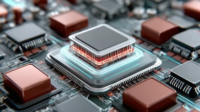 Digital Processor on Circuit Board: An intricate composition showcasing a central processor, the brain of a computer, on a complex circuit board.