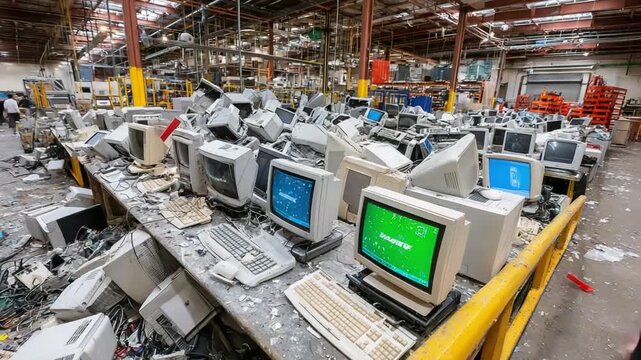 Electronic Waste Recycling: A large-scale e-waste recycling center, filled with discarded monitors, keyboards, and other obsolete computer components, awaiting the proper disposal.