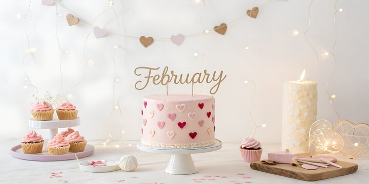 Romantic birthday setup, pastel pink cake, heart accents, warm lighting, &ldquo;FEBRUARY&rdquo; written in soft cursive typography, minimal props, studio background