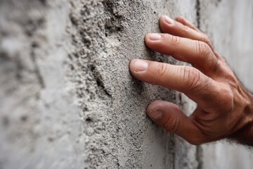 Close-up of a fingers tracing  the texture of a rough raw concrete wall. Sensory and quality inspection concept.