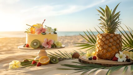 Clean summer editorial birthday, white and sky-blue palette, minimal cake design, &ldquo;JUNE&rdquo; written in wide modern sans-serif font, fresh airy mood